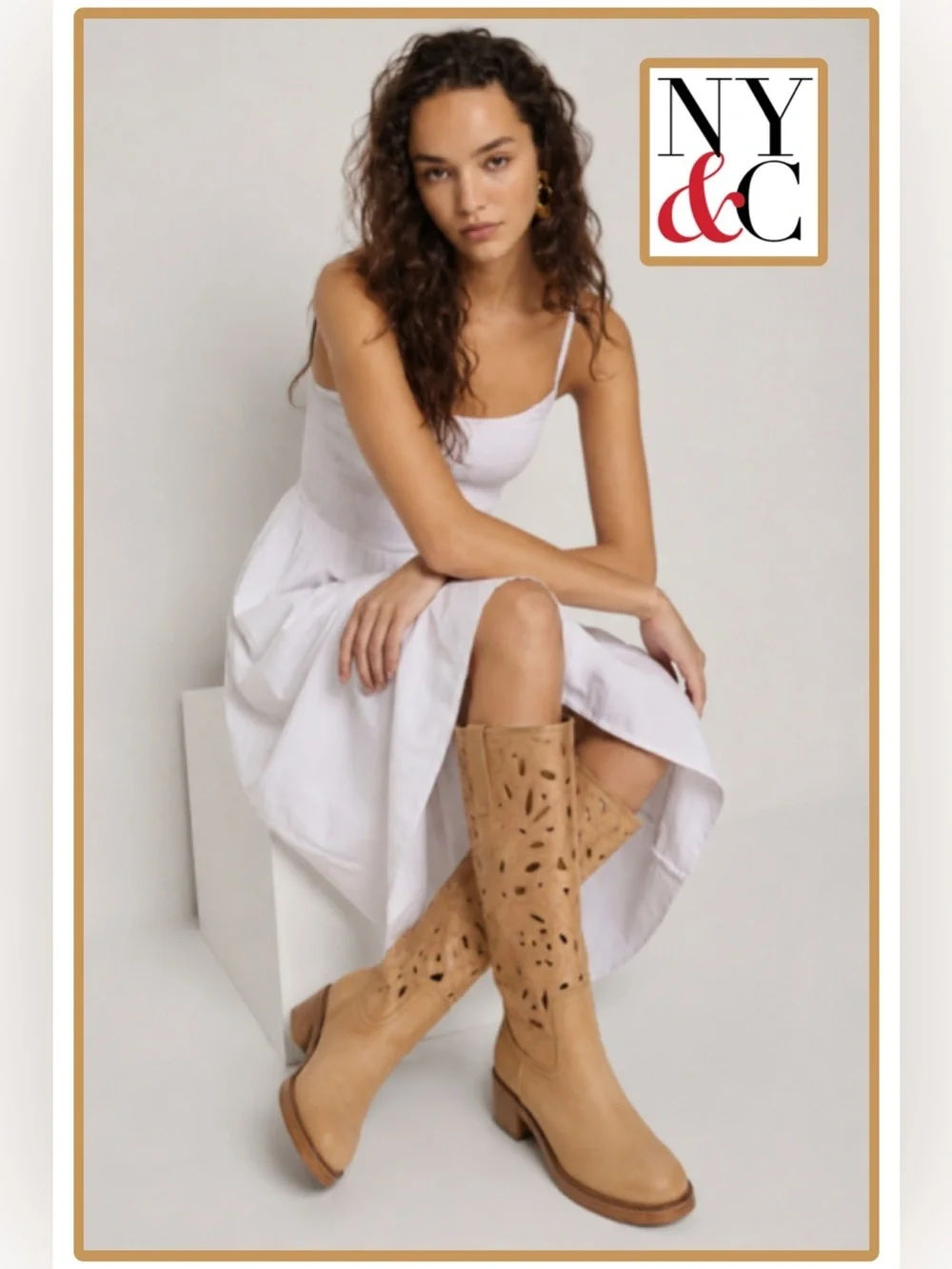 NWT New York & Company Curtis Camel Cutout chunky heel Tall Boots Sz 7.5 Campus
